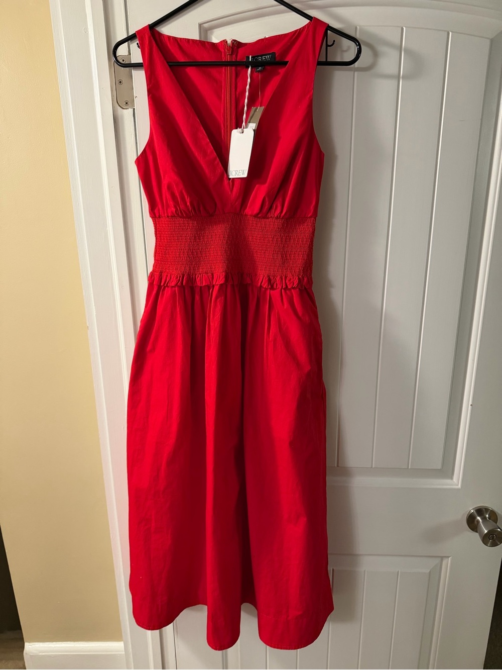 J. Crew Bright Red Sleeveless Smocked-Waist Midi Dress